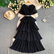 Women Long Dress Cake Dresses A Line Vestidos  Streetwear V Neck Short Sleeve Elegant Party Work Slim Fit Casual Summer