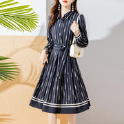 High Quality Turtleneck Pleated Navy Blue Knee Length Elegant Dress