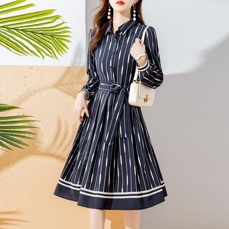 High Quality Turtleneck Pleated Navy Blue Knee Length Elegant Dress