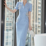New Fashion Elegant Work Style Formal Pencil Dress Women Clothes Mujer Office Lady Commute Short Sleeve Wrap Hip Midi Vestidos