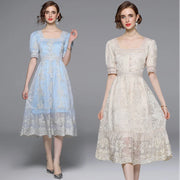 High Quality Short Sleeve Sweet Below Knee Length Flower Embroidery Lace Dress