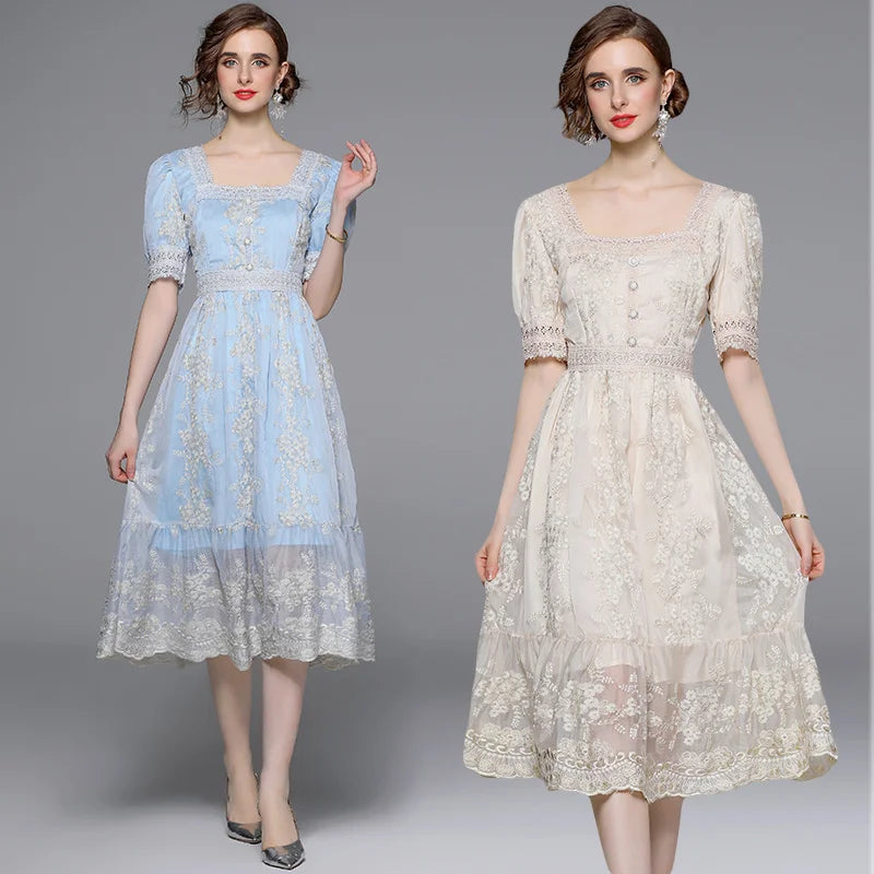 High Quality Short Sleeve Sweet Below Knee Length Flower Embroidery Lace Dress