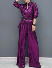 Two Piece Sets Shiny Pleated Long Shirt with Belt Wide Leg Pants High Quality