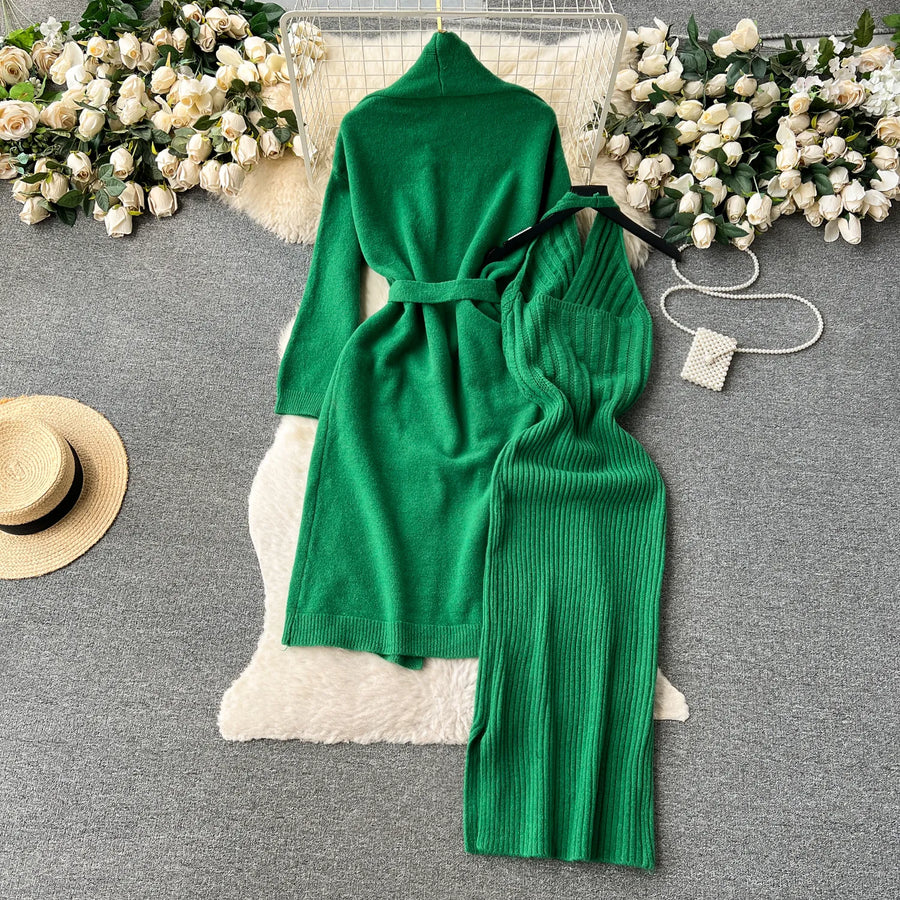 Solid Knitted Two Piece Outfits with Belt Loose Long Cardigan + Striped Halter Bodycon Dress High Quality Green / One Size Solid Knitted Two Piece Outfits with Belt Loose Long Cardigan + Striped Halter Bodycon Dress High Quality Green / One Size