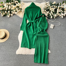 Solid Knitted Two Piece Outfits with Belt Loose Long Cardigan + Striped Halter Bodycon Dress High Quality