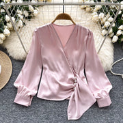 Basic long sleeve V-neck blouse, vintage asymmetrical style, beaded embroidered, high-quality pleated