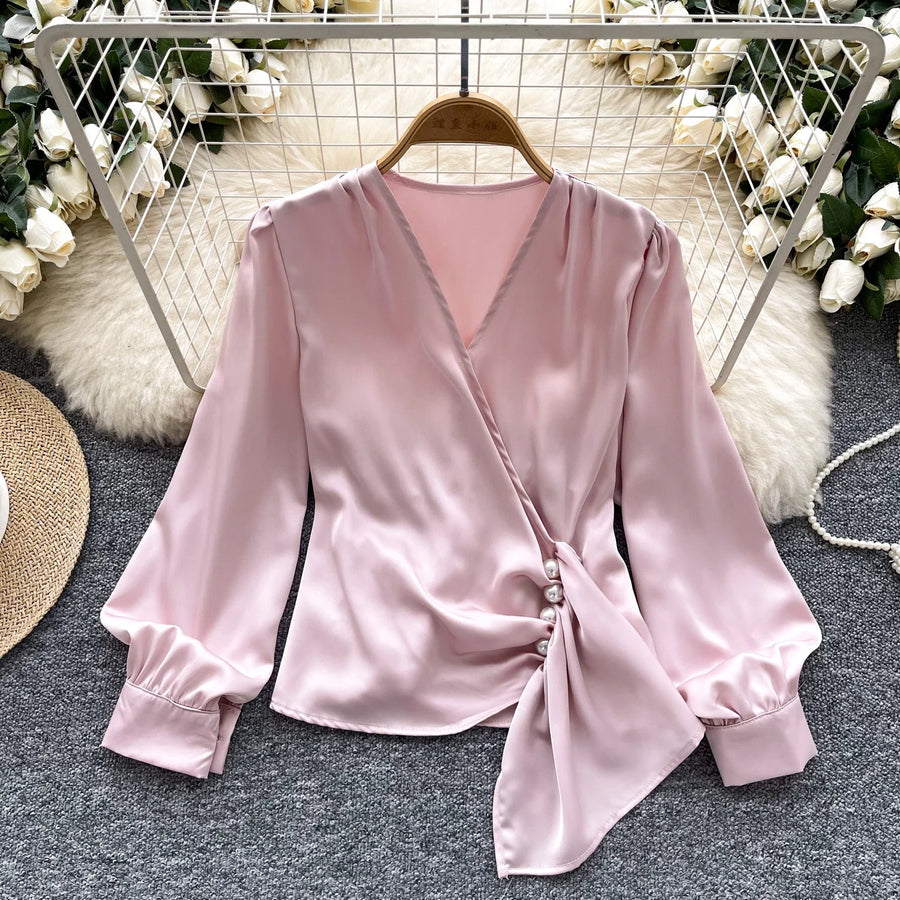 Basic long sleeve V-neck blouse, vintage asymmetrical style, beaded embroidered, high-quality pleated