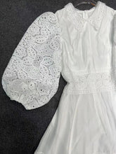 High Quality Lapel Flare Sleeve High Waist Solid Elegant Floral Embroidery Cut Out Dresses