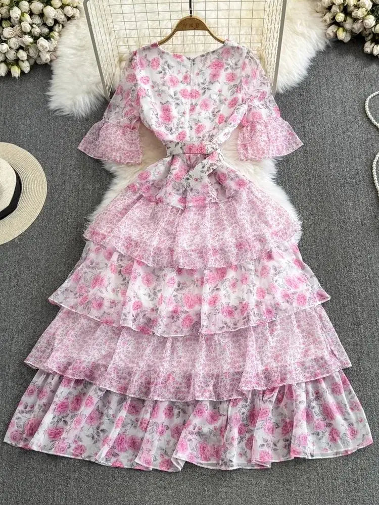 High Quality Short Sleeve Gorgeous Pink Flowers Cascading Ruffles Long Dress