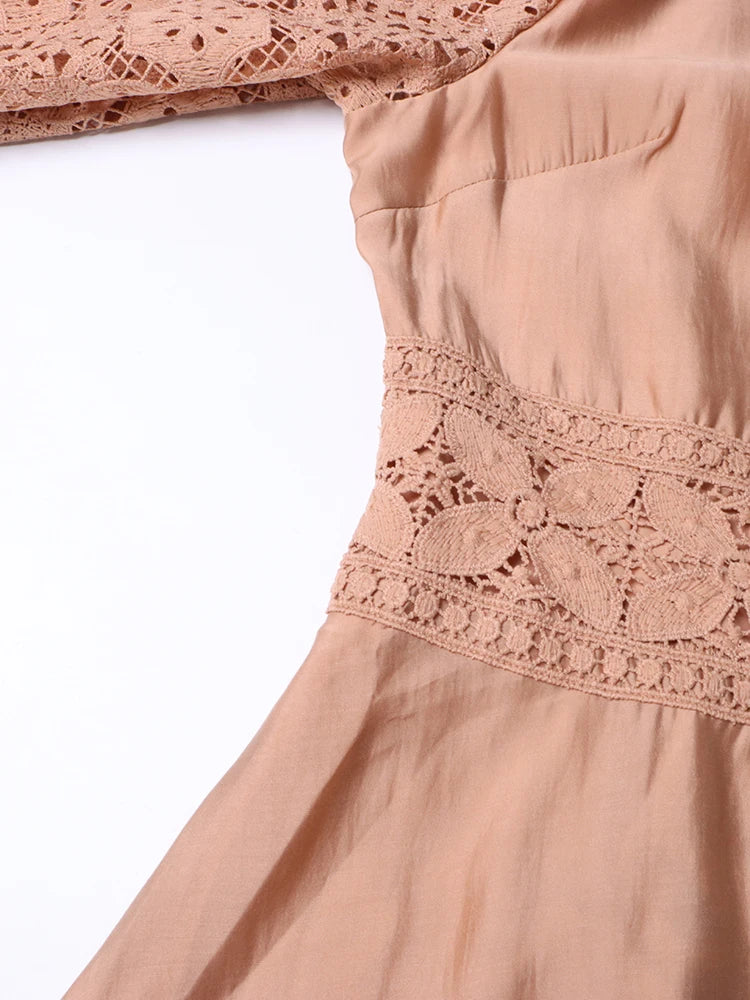 High Quality Lapel Flare Sleeve High Waist Solid Elegant Floral Embroidery Cut Out Dresses