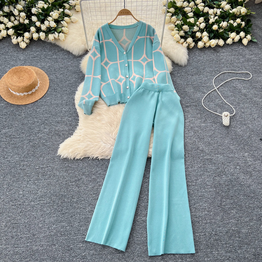 2 Piece Sets Single Breasted Print Cardigan + High Waist Wide Legs Pants