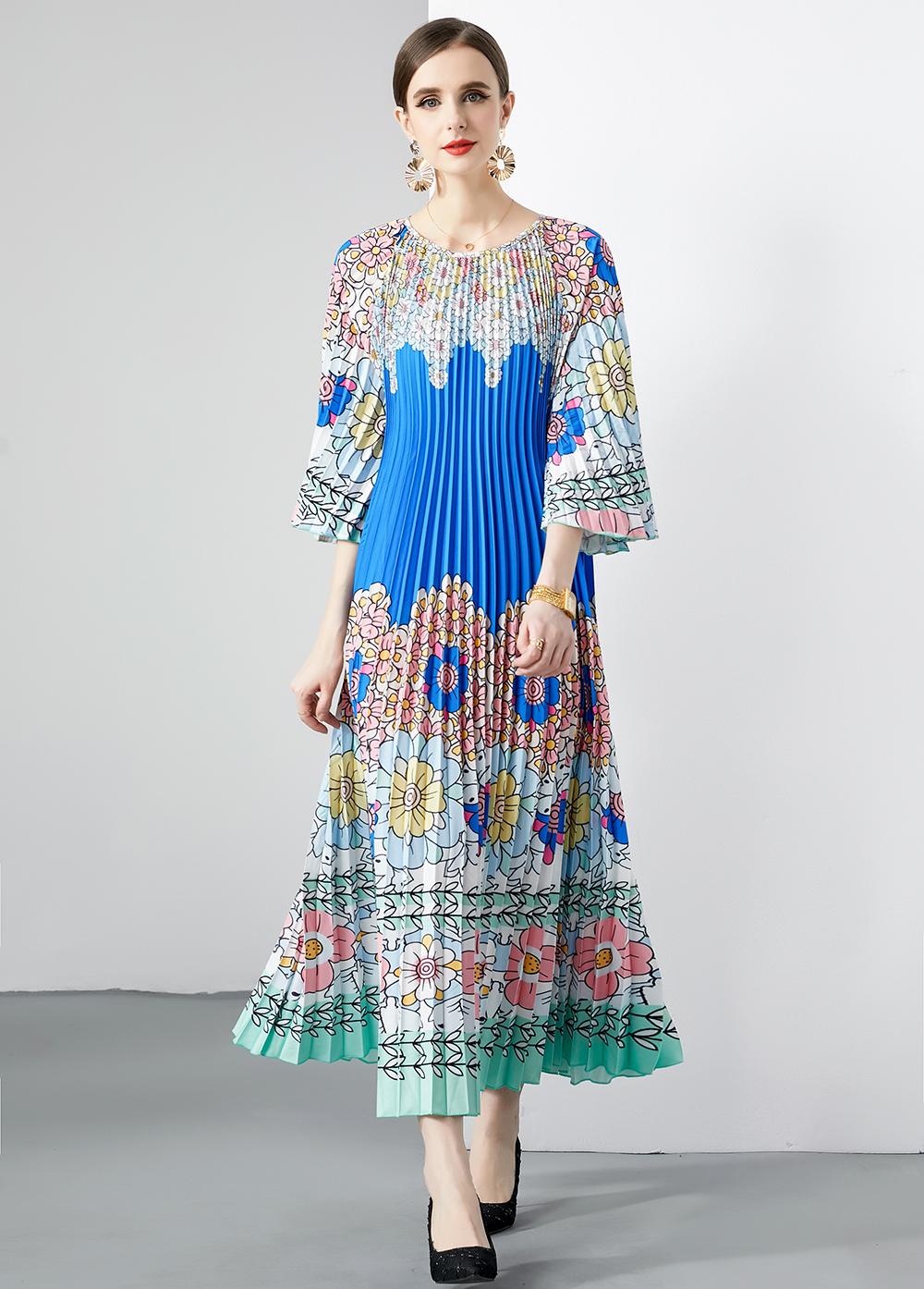 High Quality Pleated Round Neck Lace Up Belt Loose Printed Maxi Long Dress