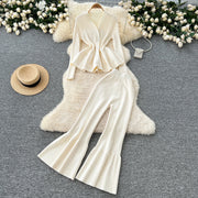 Fashion Luxury Women Sweater Suits Ruffles Slim Knitted Blouse + Elastic Long Flare Pant Two Piece Sets High Quality