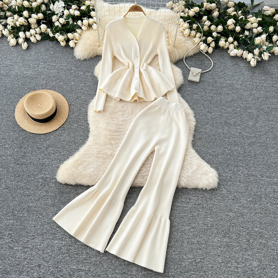 Fashion Luxury Women Sweater Suits Ruffles Slim Knitted Blouse + Elastic Long Flare Pant Two Piece Sets High Quality