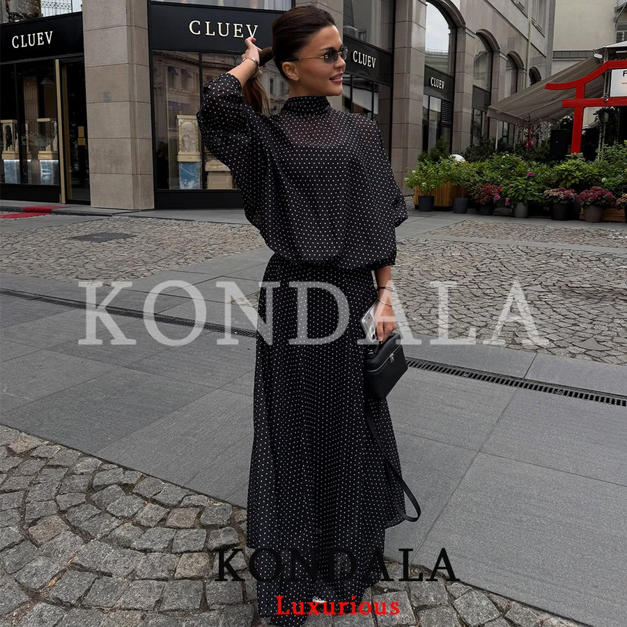 KONDALA Vintage Polka Dot Women Sets Chiffon Bow Tie Loose Blouses Loose Long Skirts Fashion 2026 Spring Summer Holiday Suits