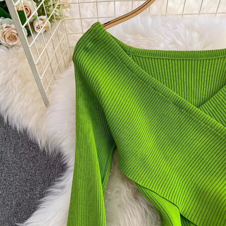 Women's Wrapped Hip Bodycon Waist Show Thin Long Sleeve V-Neck Bottom Dress