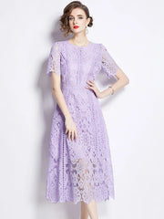 High quality openwork lace short sleeve round neck high-end vintage dress