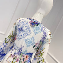 Women High Quality  Elegant Light Blue Flowers Print Cut Out Knot Front Long Sleeve Midi Dress