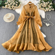 Fashion Temperament Bandage Slim Waist Dress Fairy Gauze Ruffled Long Robe Turn-down Collar Single Breasted Diamonds Vestidos