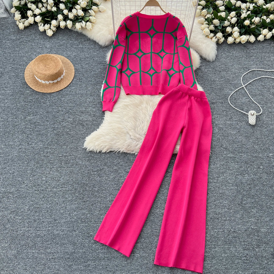 2 Piece Sets Single Breasted Print Cardigan + High Waist Wide Legs Pants