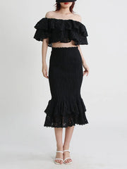 Sexy Cut Out Two Piece Set Womens Skew Collar Sleeveless Off Shoulder Tops High Waist Midi Skirts Print Sets Female Clothing