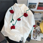 Shirts Women Chic Appliques-Design Vintage Korean Style Leisure Ulzzang Office Lady Elegant Spring All-match Sweet Tops Trendy
