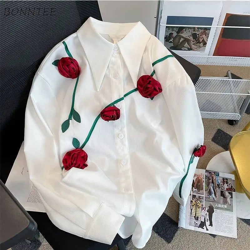 Shirts Women Chic Appliques-Design Vintage Korean Style Leisure Ulzzang Office Lady Elegant Spring All-match Sweet Tops Trendy