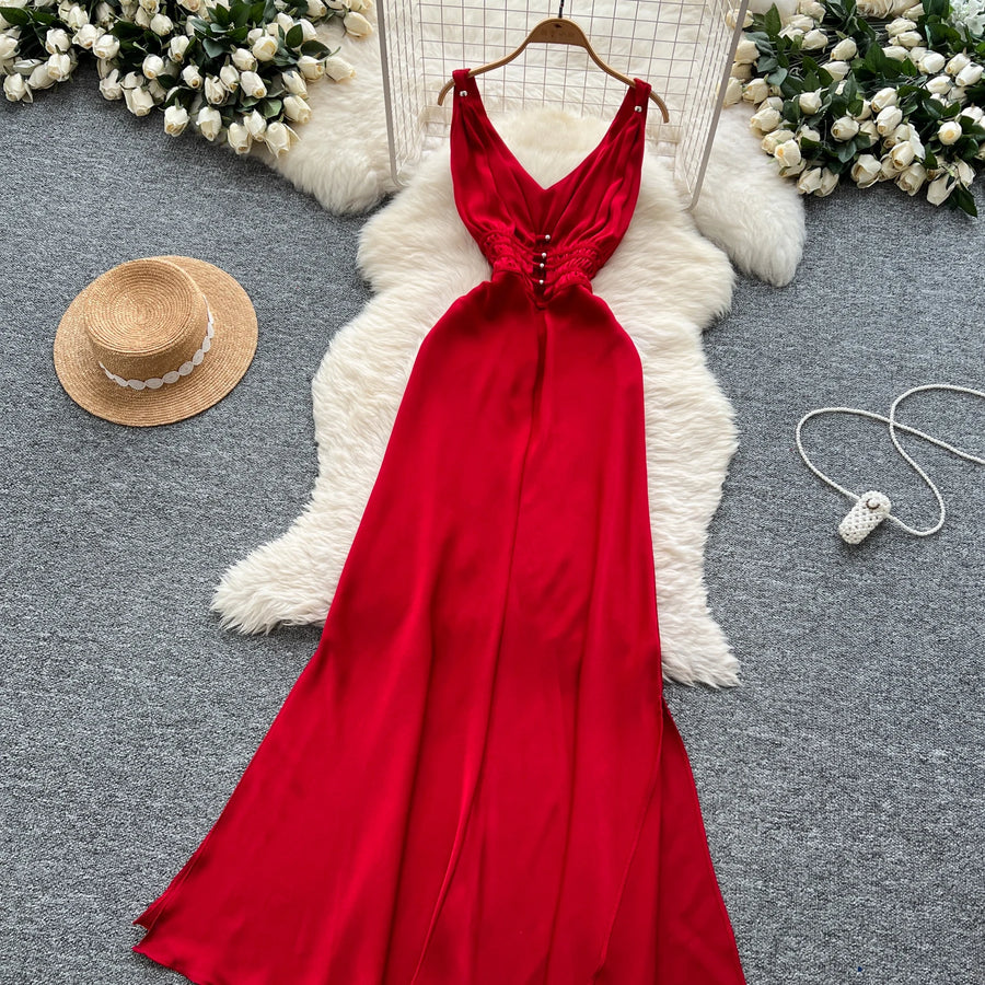 Elegant Satin V-neck Chic Straps Sexy Sleeveless Hotsweet Slim Slip Long Dresses Vintage High Street Women Clothing