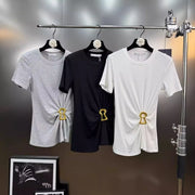 Casual plain pleated patchwork round neck short sleeve t-shirts with spliced metal buckle