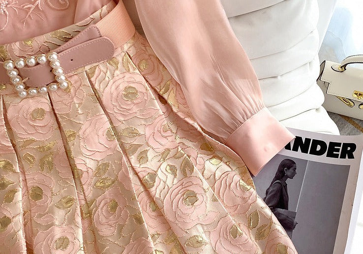 Flower Embroidery Two Piece Set Elegant Pearl Pink Blouse Shirt+Belt High Quality Floral Jacquard Midi Skirt