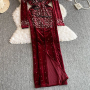 High Quality O Neck Long Sleeve Bodycon Sexy Rhinestones Velvet Vintage Elegant Dresses