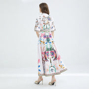 Long short-sleeved dress with flower print and high-quality belt