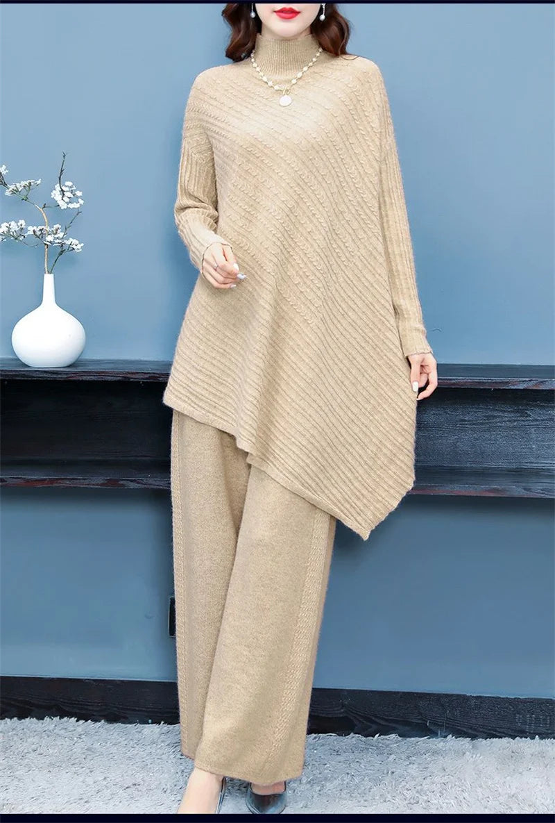 High Quality Turtleneck Knitted Wide Leg Irregular 2 Piece Set