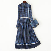 Blue Plaid Turndown Collar Long Sleeve Pleated High Waist Elegant High Quality Dresses