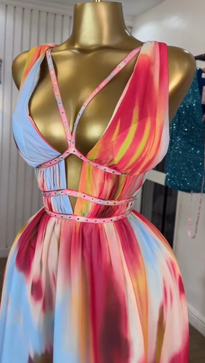 Women Tie Dye Print Diamonds Hot Rhinestones Strap A-line Midi Maxi Long Dress  Beach Holiday Party Birthday Dresses