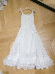 Elegant spaghetti strap openwork lace dress with high quality white lace