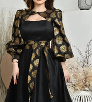 High Quality Black Print Satin Elegant Dress