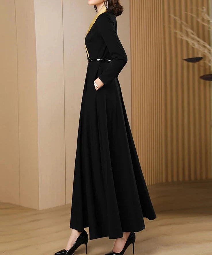 Elegant Long Sleeve Formal Dress with High Quality Midi Pocket Black / M Elegant Long Sleeve Formal Dress with High Quality Midi Pocket Black / M
