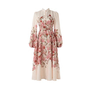 Elegant dress with floral print, high neck, long sleeves with high-quality belt