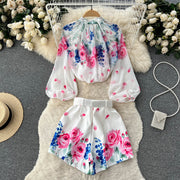 Two Piece Set Flower Print Lantern Sleeve Shirt Bow Neck Top + Belted Shorts High Quality