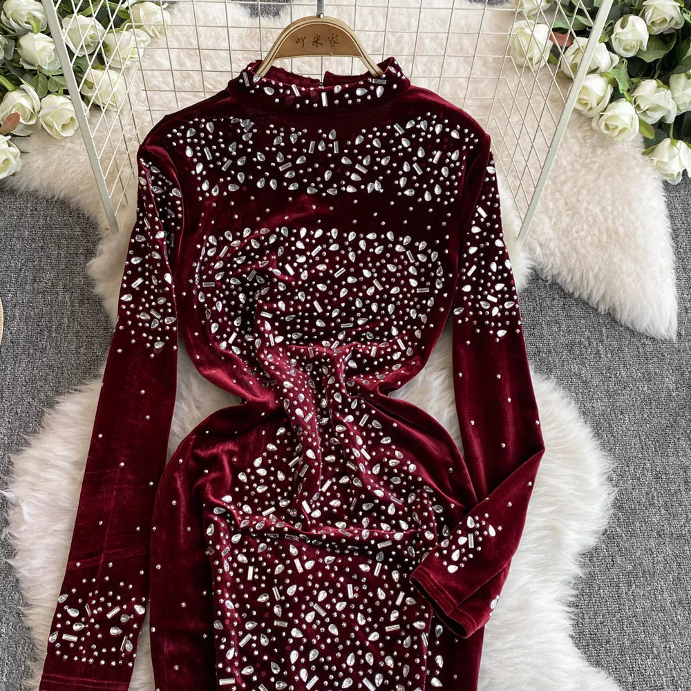 High Quality O Neck Long Sleeve Bodycon Sexy Rhinestones Velvet Vintage Elegant Dresses