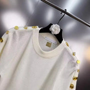 Women's Basic Solid Color Knitted Sweater, Round Neck, Short Sleeve, Patches, Metal Buckles, Temperament