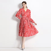 High Quality Vintage Floral Print Cross V Neck Long Sleeve Pleated Midi Dress