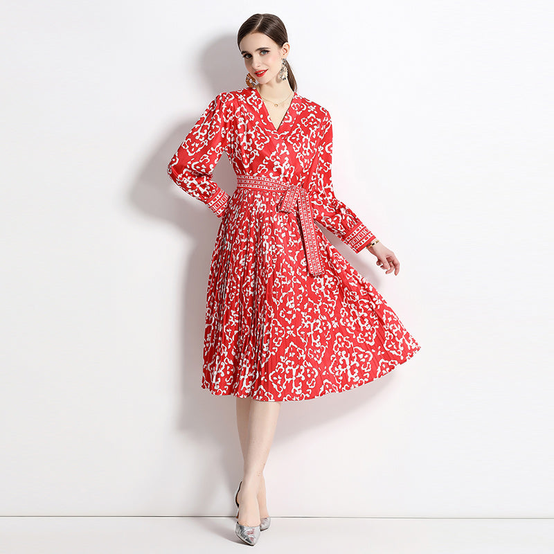 High Quality Vintage Floral Print Cross V Neck Long Sleeve Pleated Midi Dress