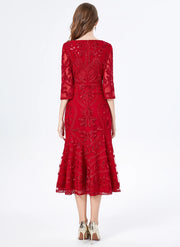 3/4 Sleeve V Neck Flower Embroidery Dress with High Quality Sequins