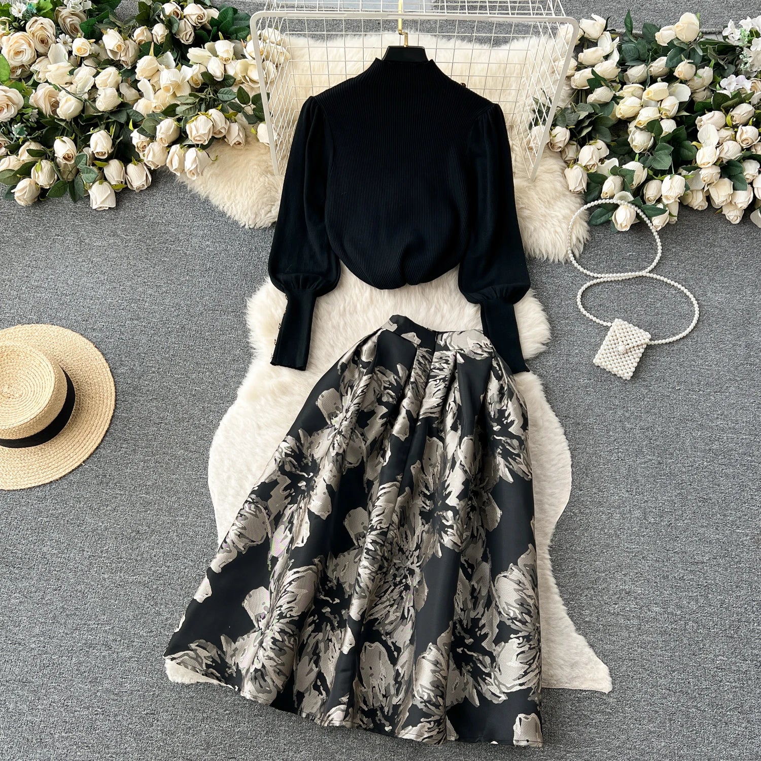 Autumn Winter Vintage Two Piece Sets Slim Fit Jacquard Floral Long Skirt and Top