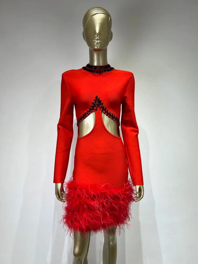 High Quality Feather Beaded Luxury Sexy Long Sleeve Red Bandage Mini Dress