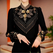 High quality classic print spliced round neck long sleeve blouse