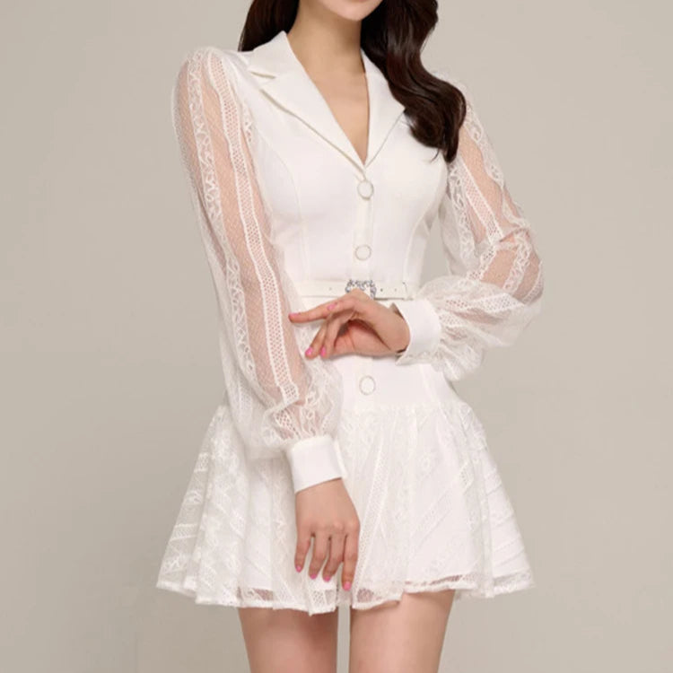 Elegant A-line long sleeve fitted dresses with high quality belt White / XL Elegant A-line long sleeve fitted dresses with high quality belt White / XL