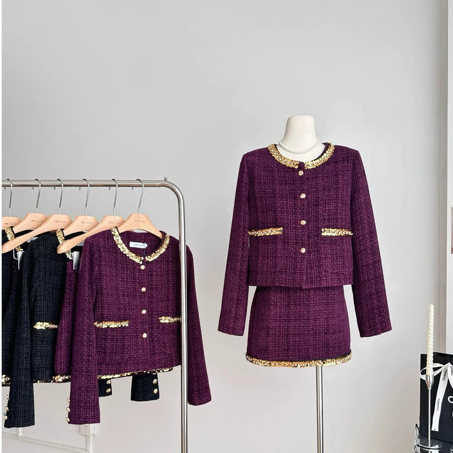 Small fragrance female high-grade single-breasted short coat temperament high-waist skirt two-piece